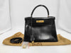 HERMES Kelly 28 Handbag ○ U Engraved Box Calf Inner Stitch Gold Hardware Black Handbag with Strap, Crochet, Cadena, Key x2, Storage Bag