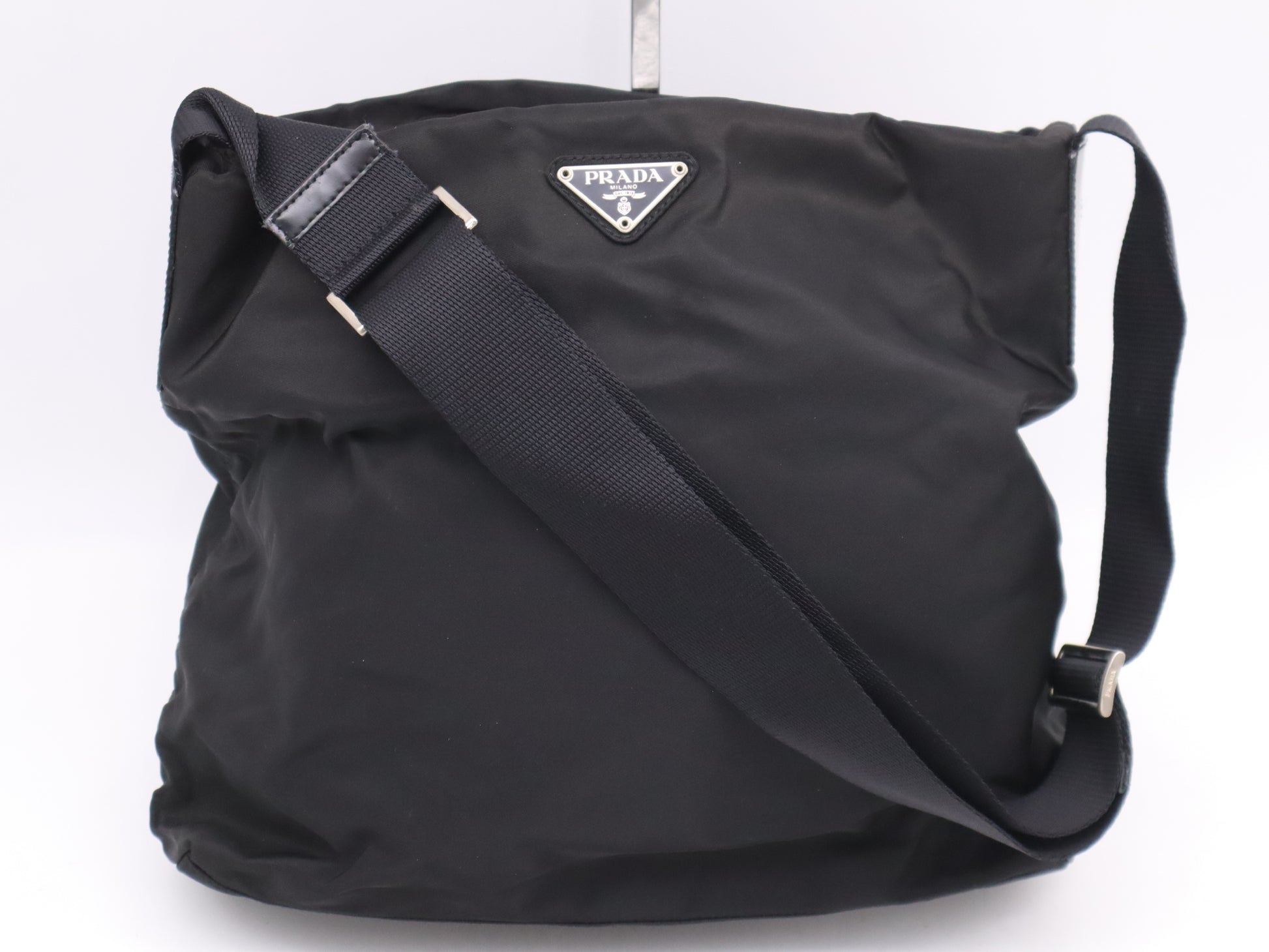 PRADA Nylon Triangle Logo Black Silver Hardware Shoulder Bag