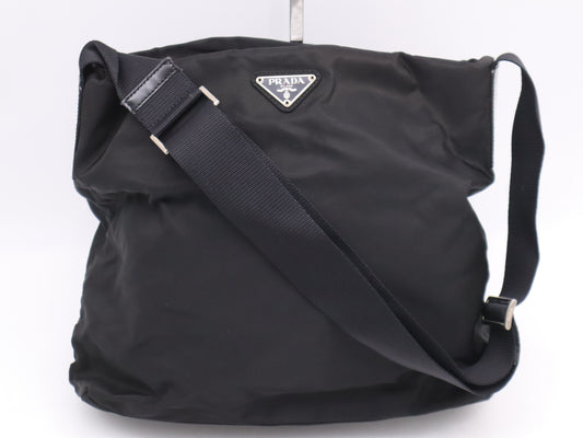 PRADA Nylon Triangle Logo Black Silver Hardware Shoulder Bag