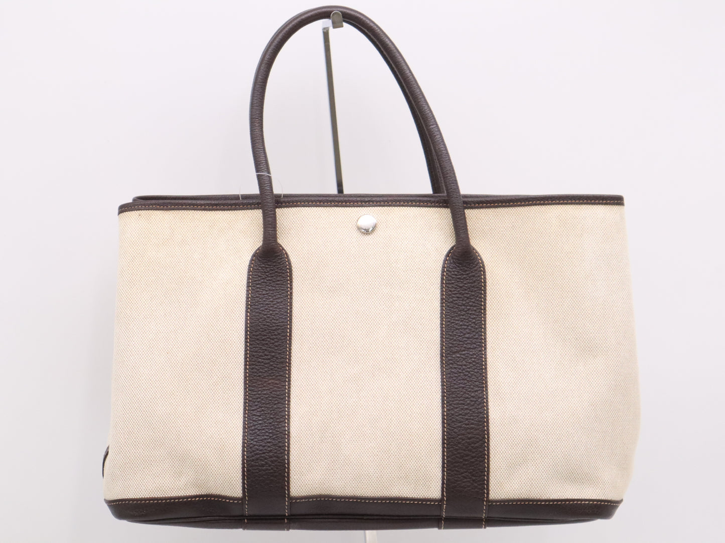 HERMES Canvas x Leather Garden Party PM Tote Bag, Beige/Brown, 2005, Stamped with I
