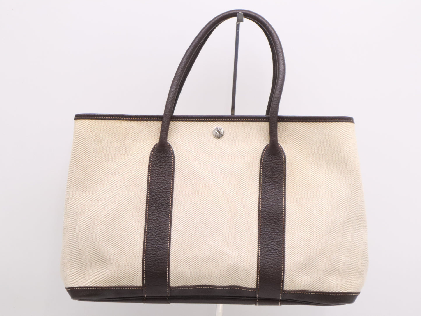 HERMES Canvas x Leather Garden Party PM Tote Bag, Beige/Brown, 2005, Stamped with I