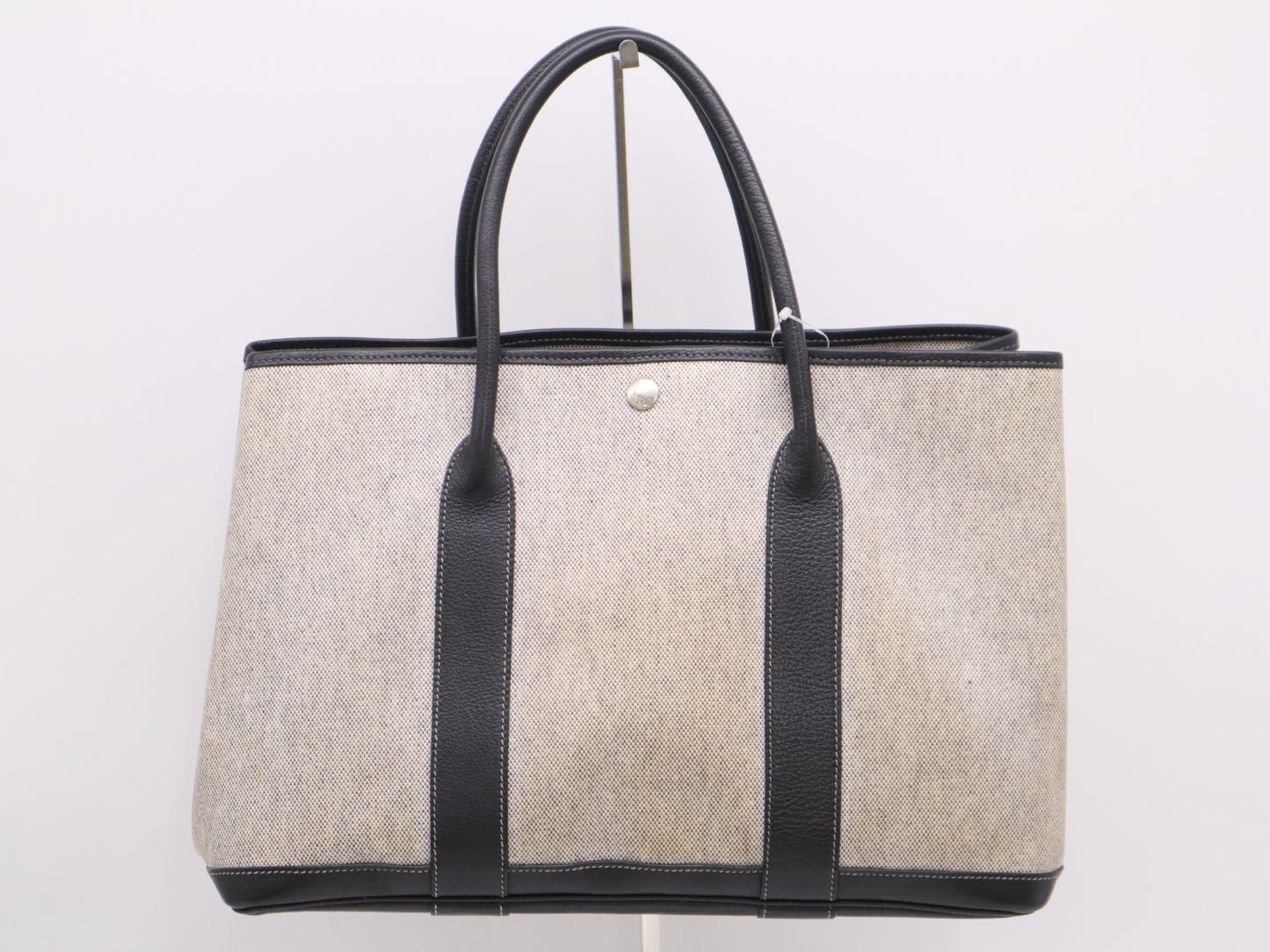 HERMES Toile H x Leather Garden Party MM Gray Black Tote Bag
