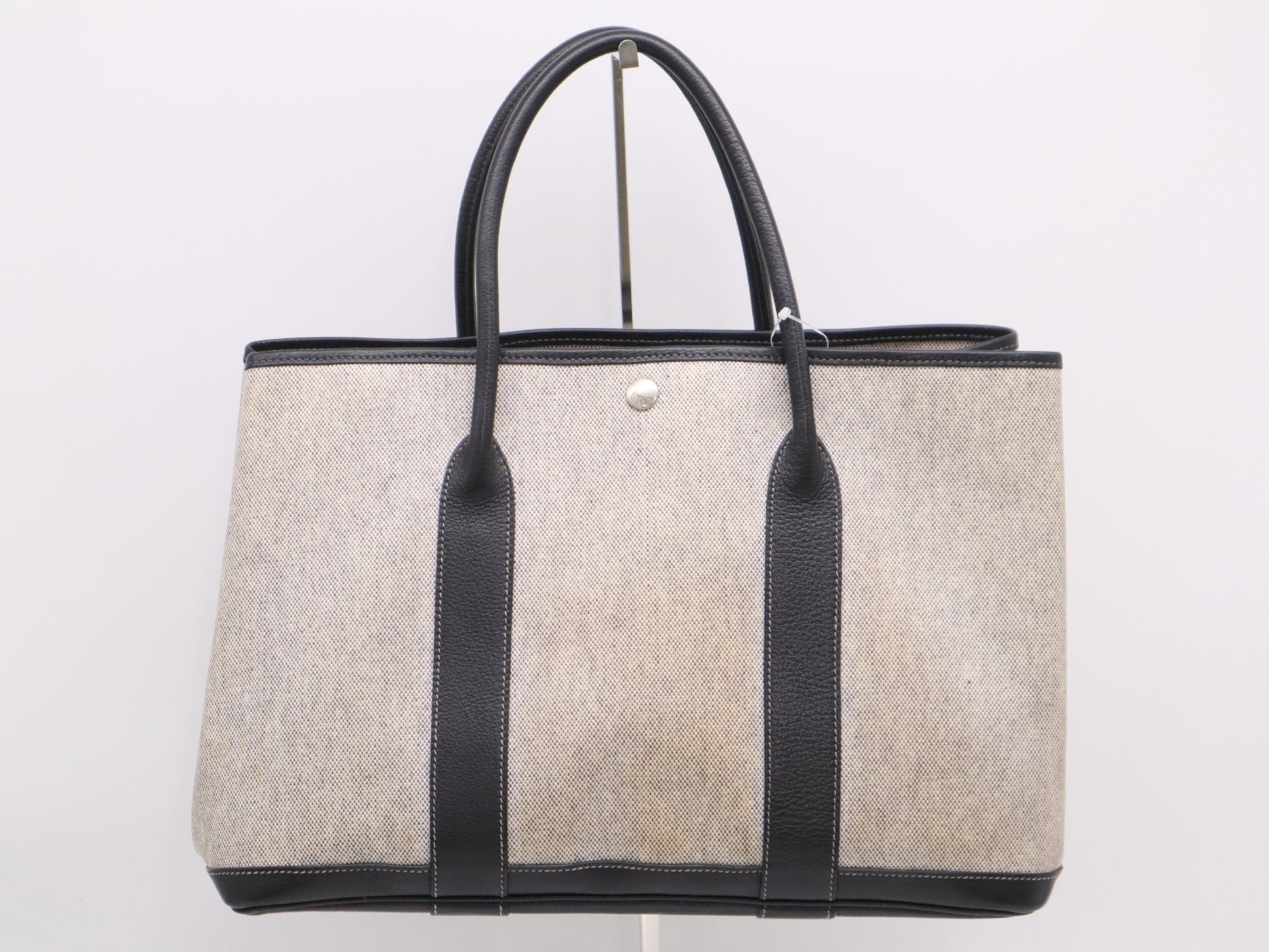 HERMES Toile H x Leather Garden Party MM Gray Black Tote Bag