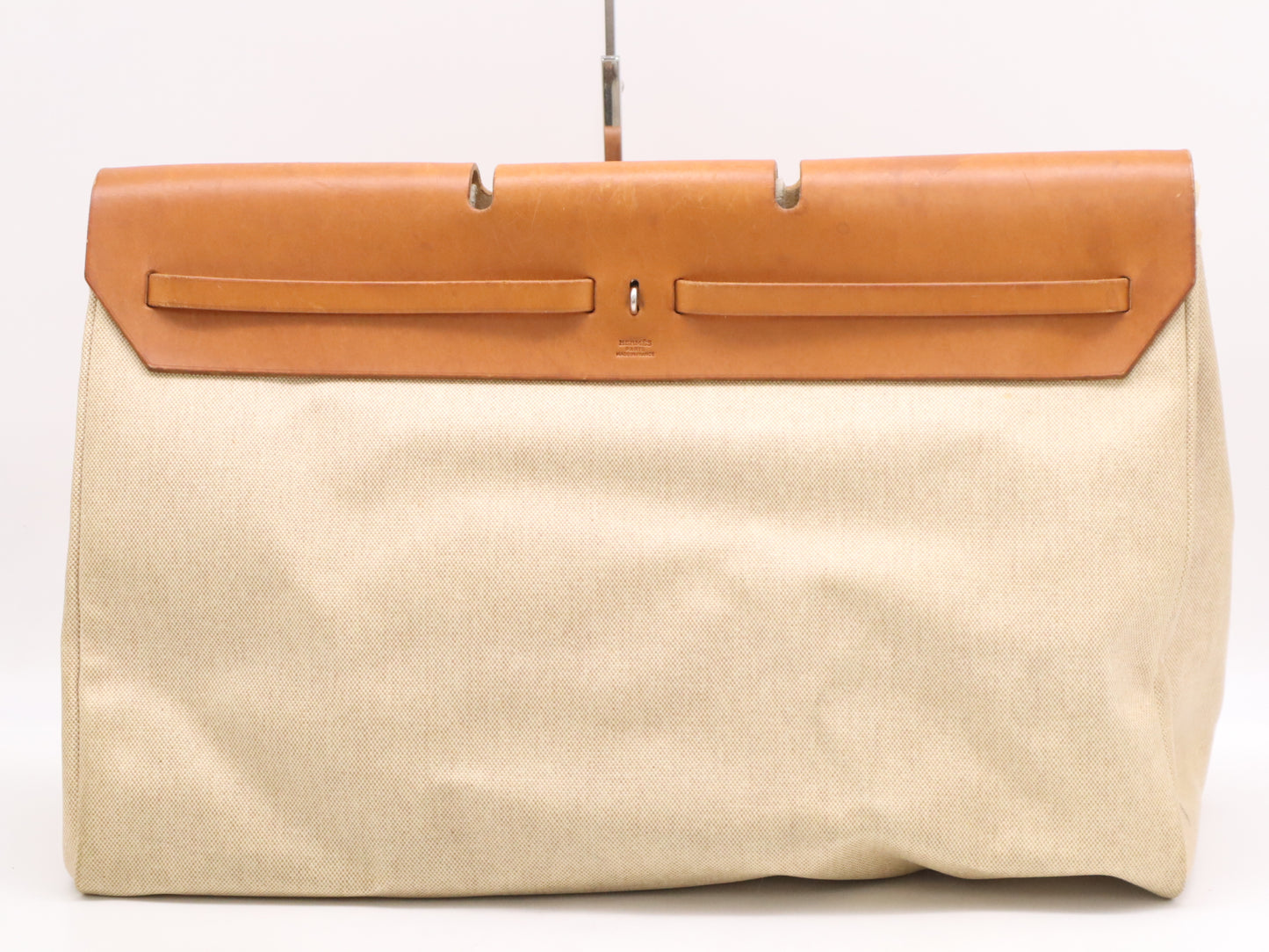 HERMES Toile Officier x Leather Air Bag GM Beige Brown with Padlock, 2 Keys, and Cloche. □B Stamp, 1998. Shoulder Bag.