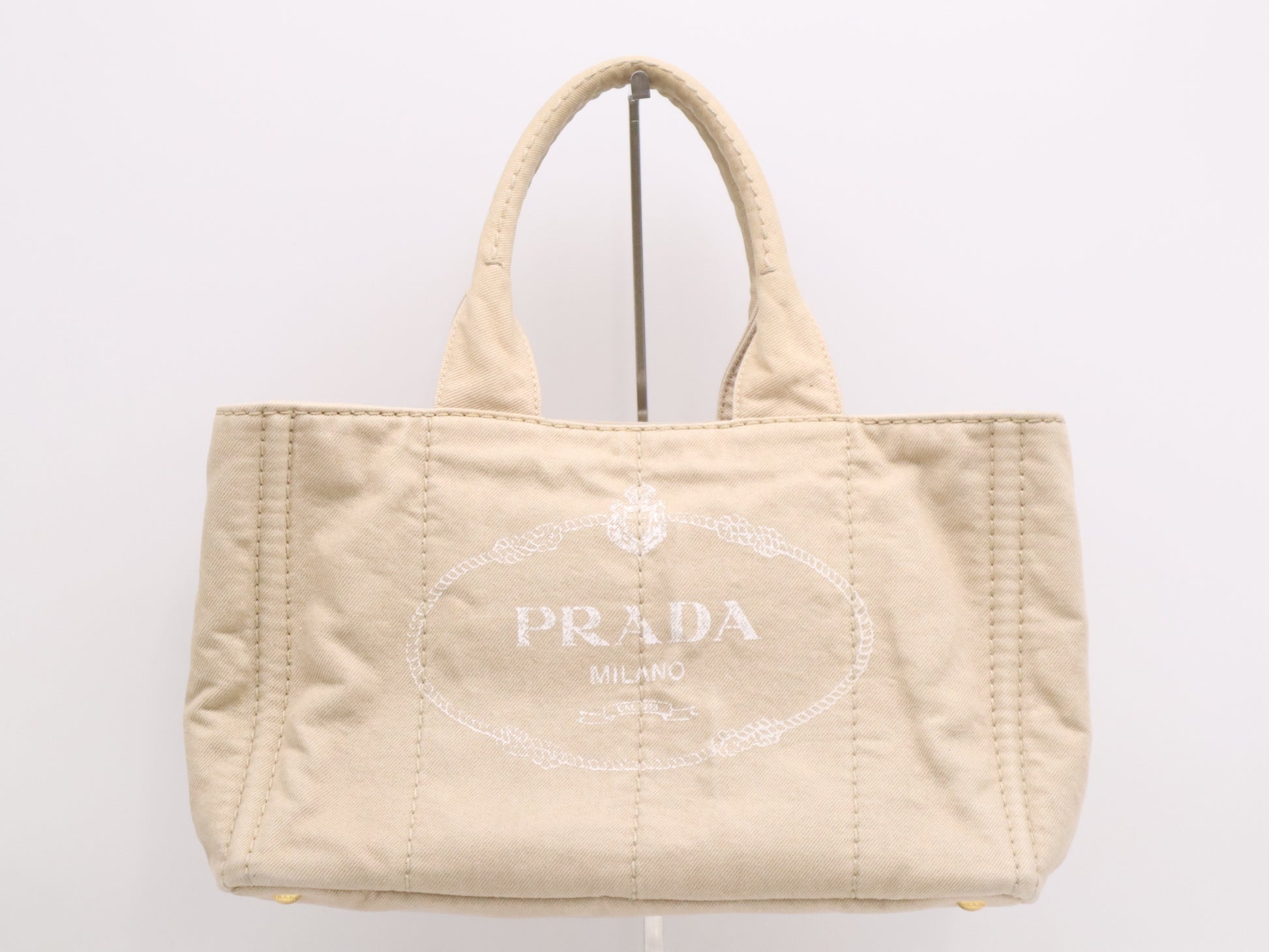 PRADA Canvas Canapa Tote M Beige with Gold Hardware