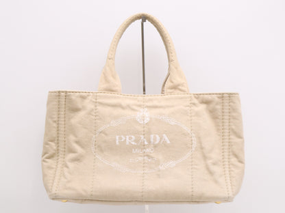 PRADA Canvas Canapa Tote M Beige with Gold Hardware