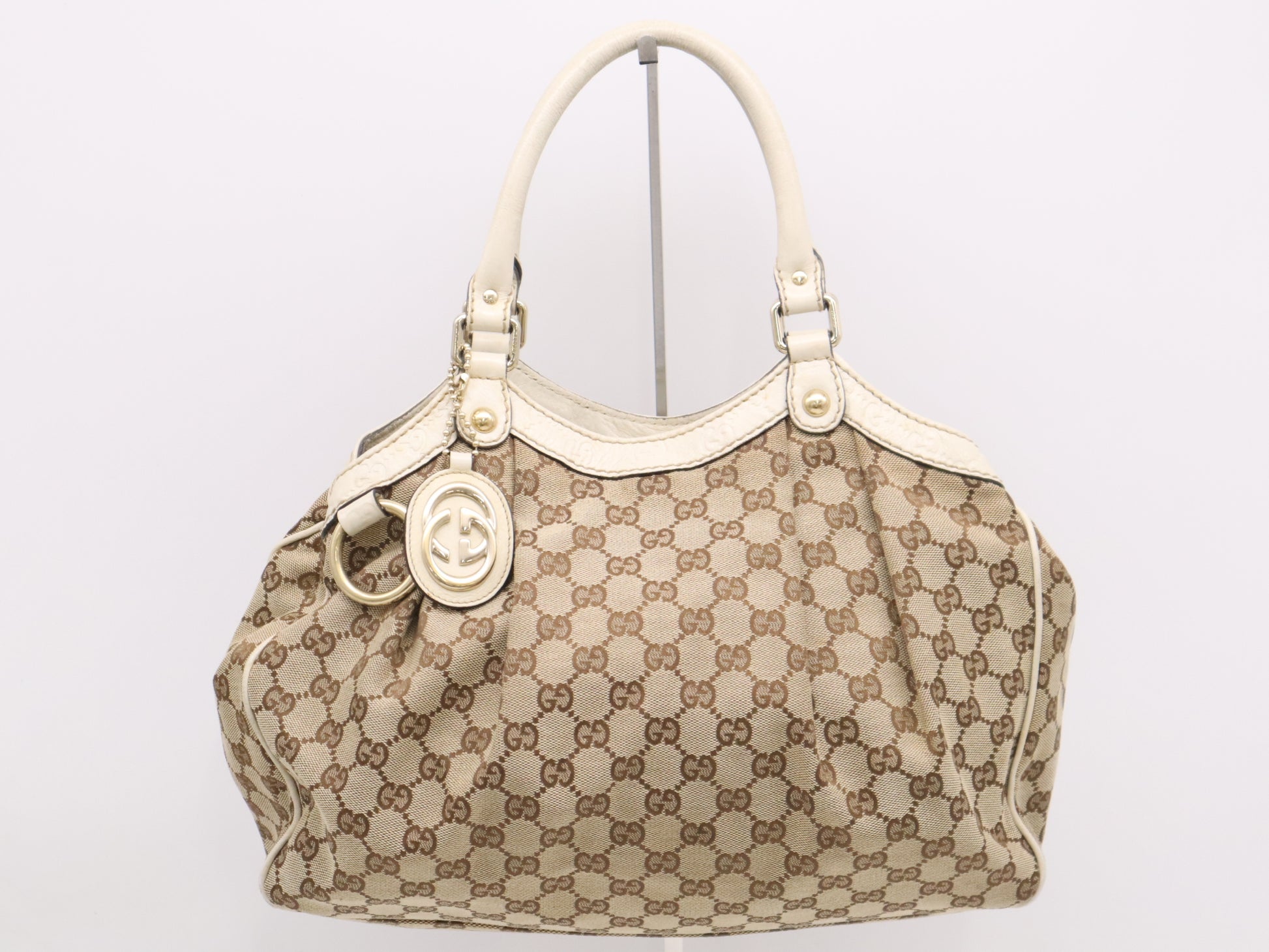GUCCI 211944GG Canvas Suki Handbag Beige White Tote Bag with Charm