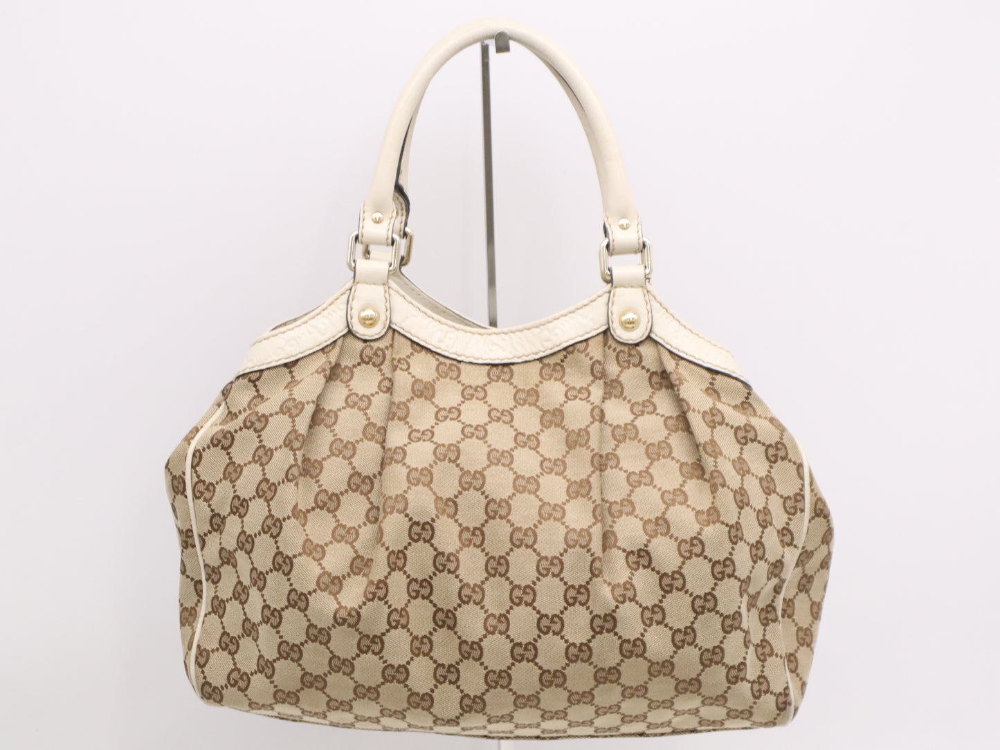 GUCCI 211944GG Canvas Suki Handbag Beige White Tote Bag with Charm