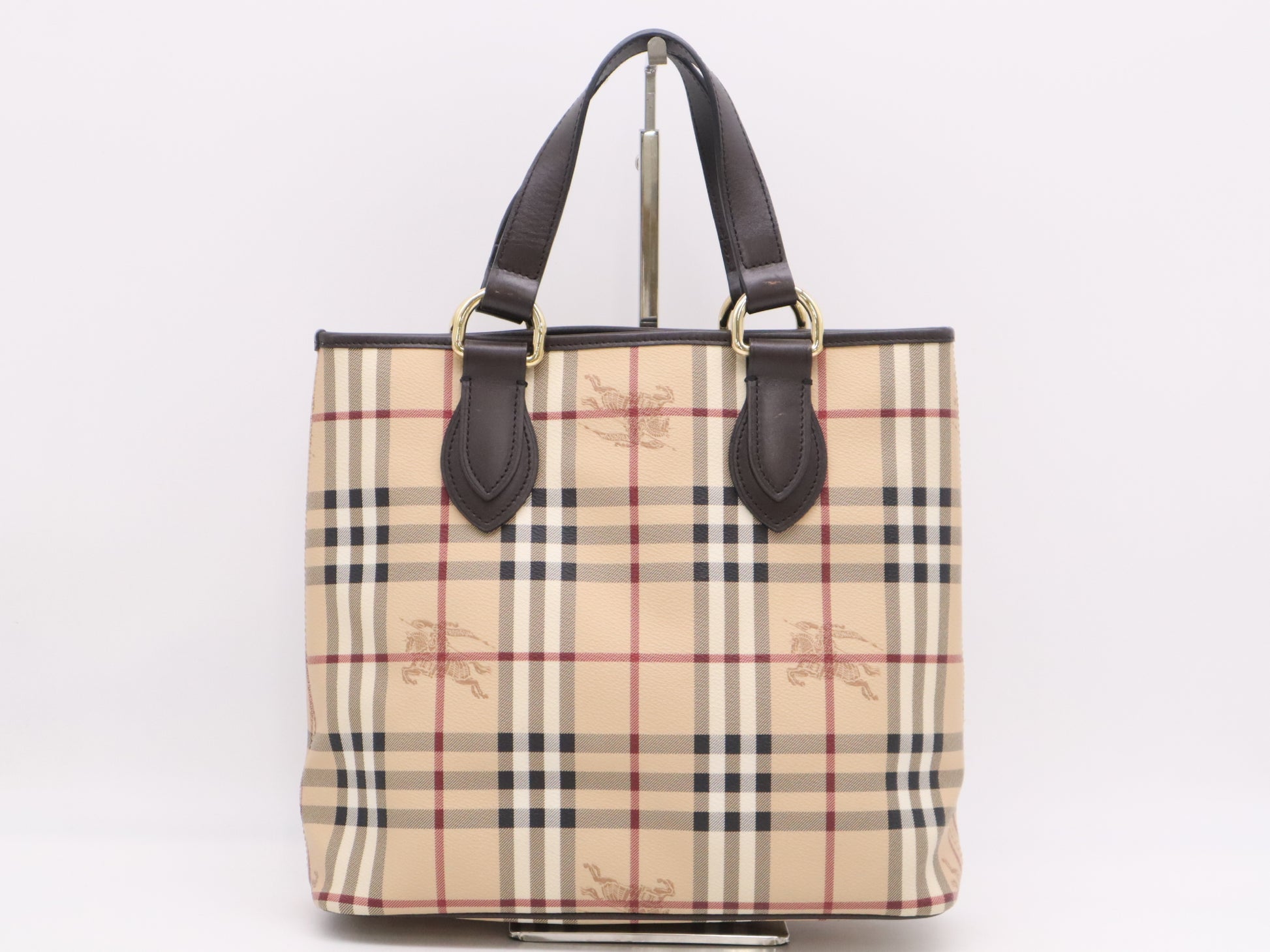 BURBERRY PVCx Leather Nova Check Tote Bag Beige Brown Tote Bag with Storage Bag