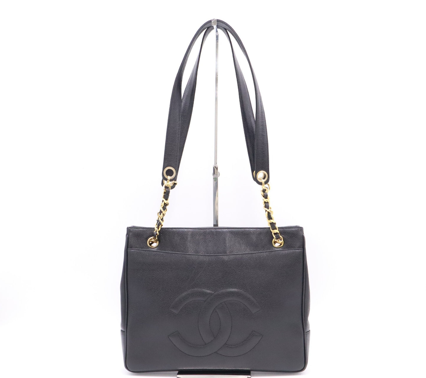 CHANEL Caviar Leather Matelasse Chain Shoulder Tote Bag in Black with GD Hardware
