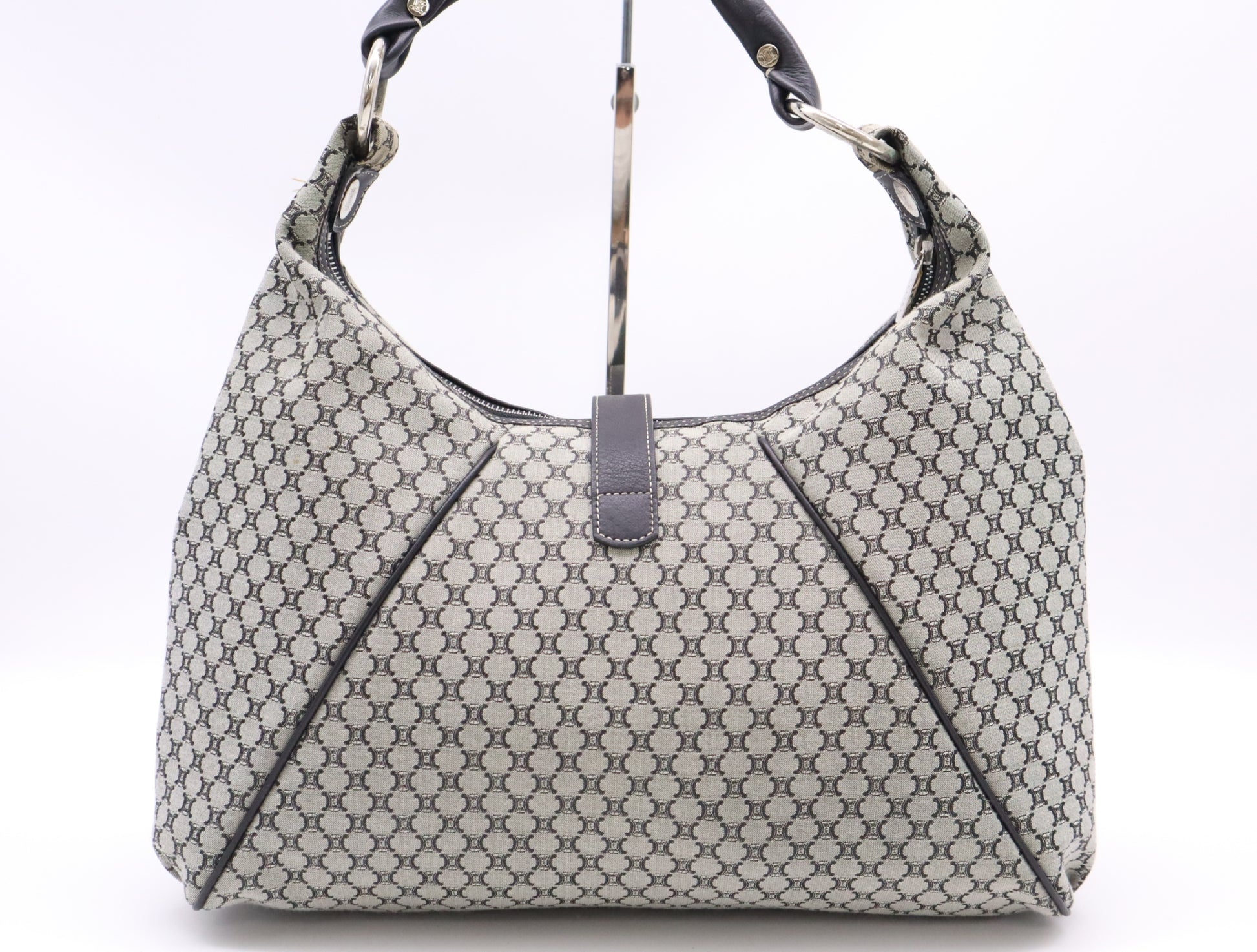 CELINE Canvas and Leather Macadam Shoulder Bag, Gray/Black