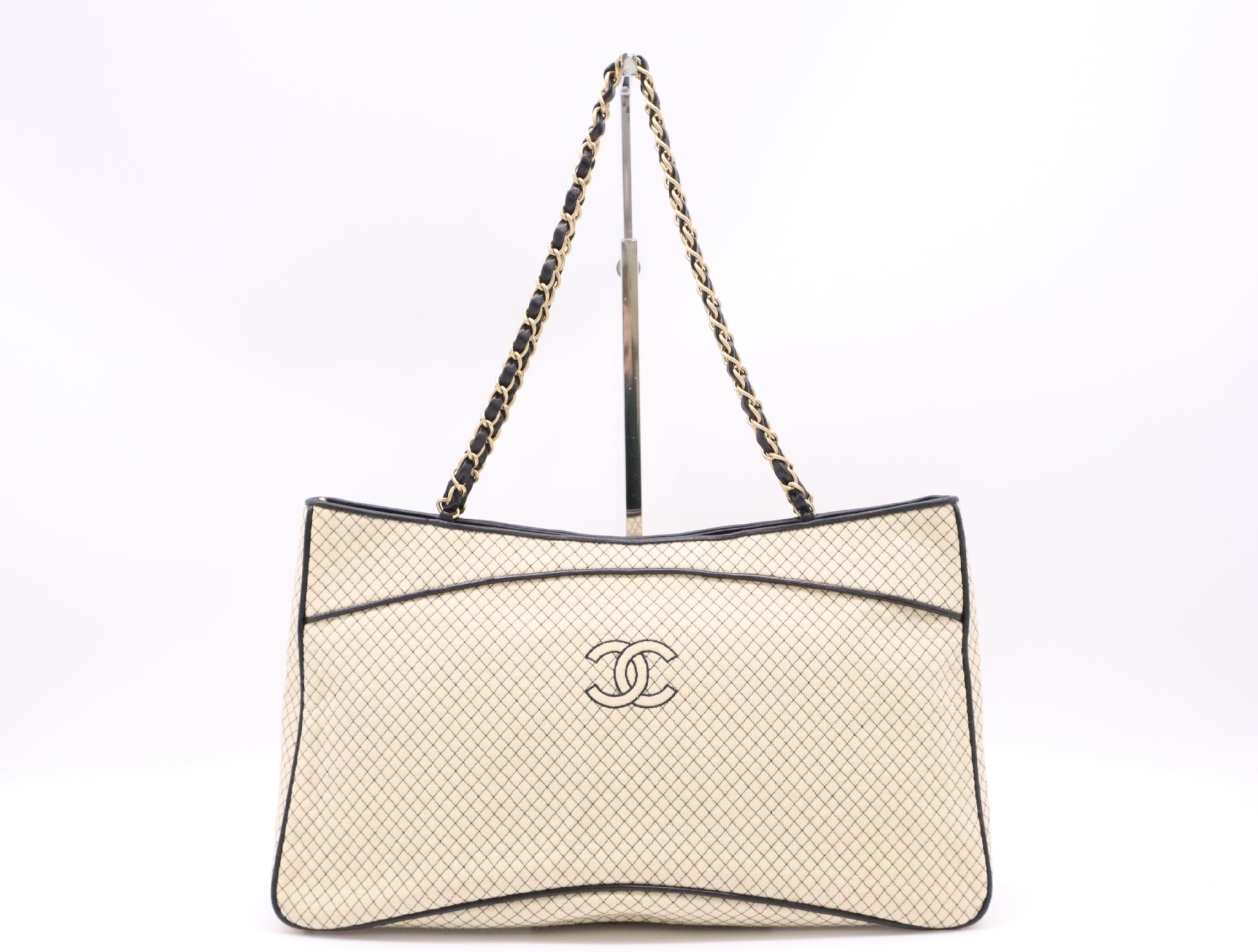 CHANEL Cotton Jersey x Leather Micro-Quilted Cocomark Chain Shoulder Bag Beige Black Seal 7321268 Tote Bag