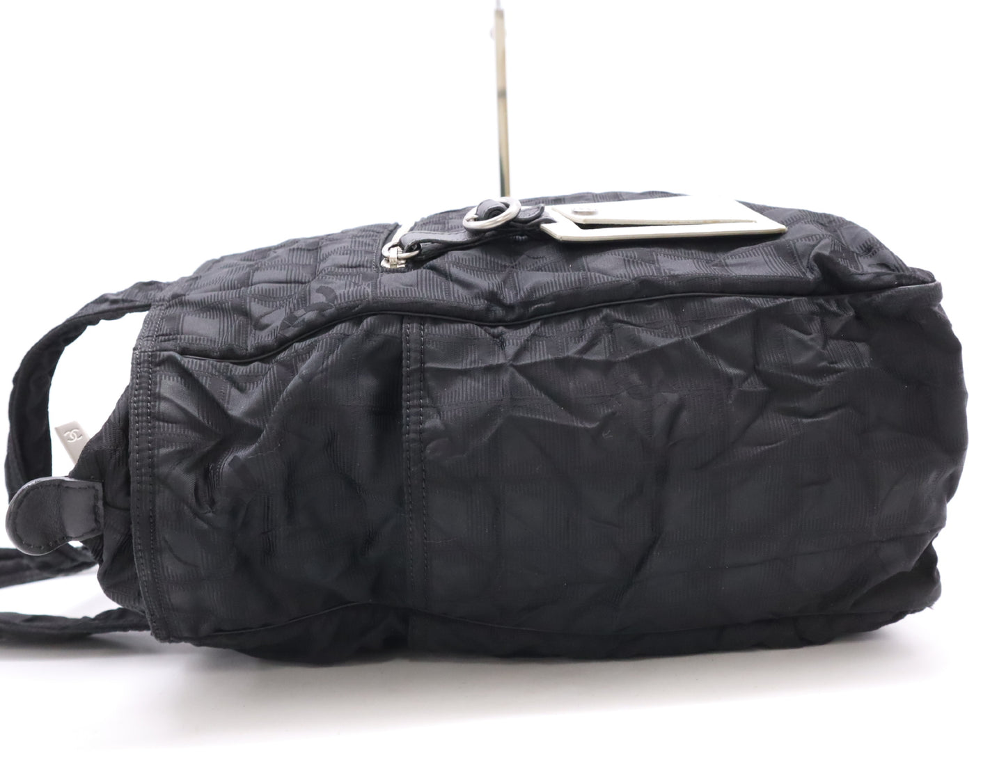 CHANEL Black Nylon Tote Bag with Silver Hardware and Name Tag and Sticker 