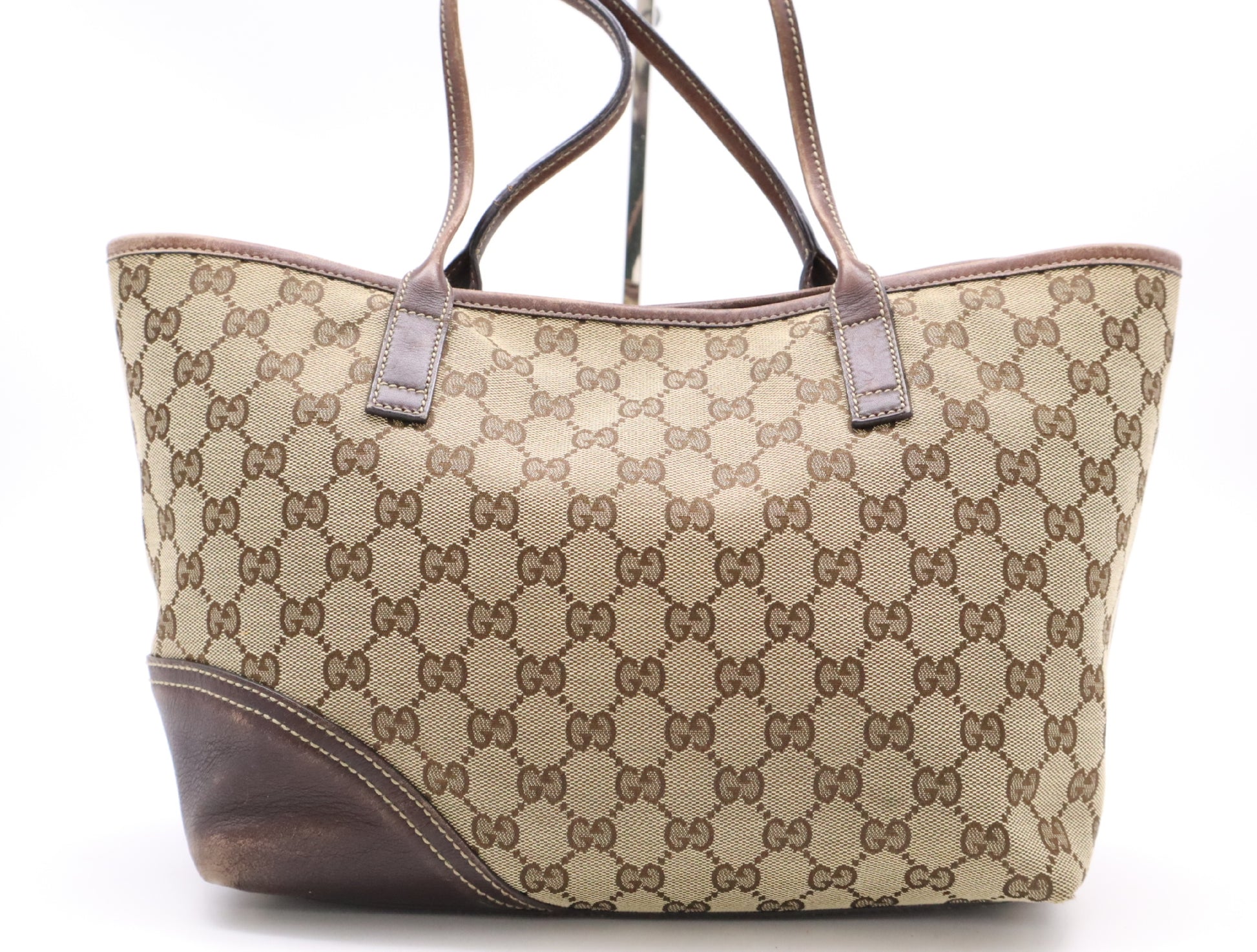 GUCCI 169946 Canvas x Leather GG Canvas New Brit Tote Bag Beige Brown Sherry Line Tote Bag