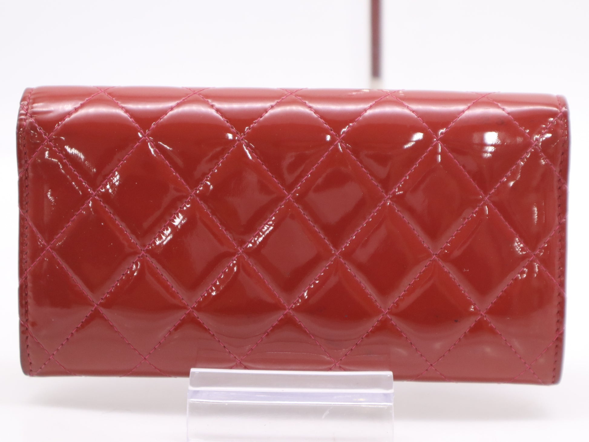 CHANEL Patent Leather Matelasse Long Wallet, Red, with Box, Card Holder, Sticker, 20223778