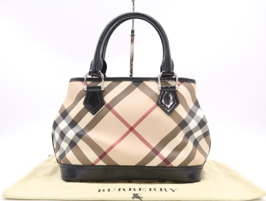 BURBERRY PVC x Leather Nova Check Handbag Tote Bag with Dust Bag