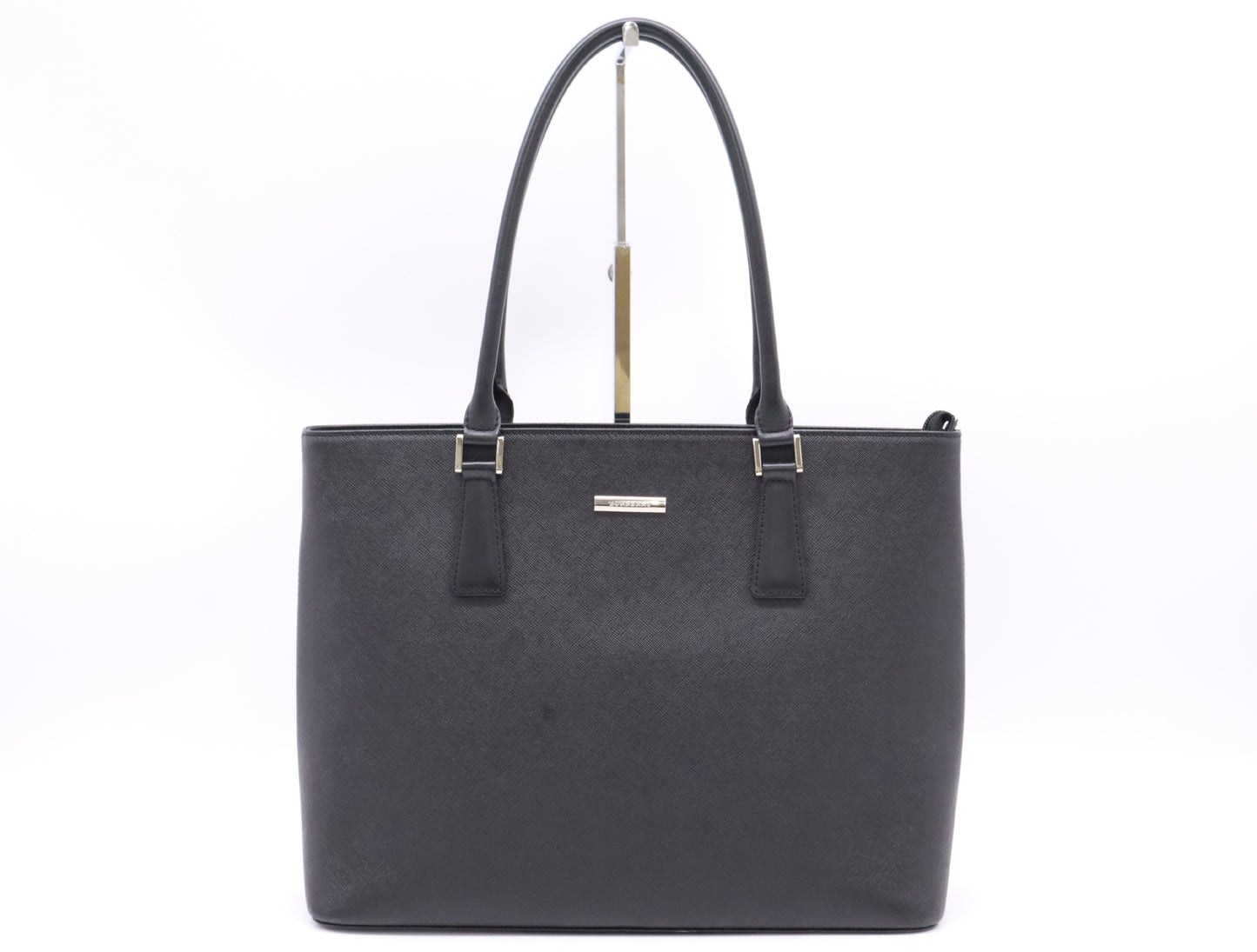 BURBERRY Saffiano Leather Tote Bag Black Nova Check SV Hardware Tote Bag