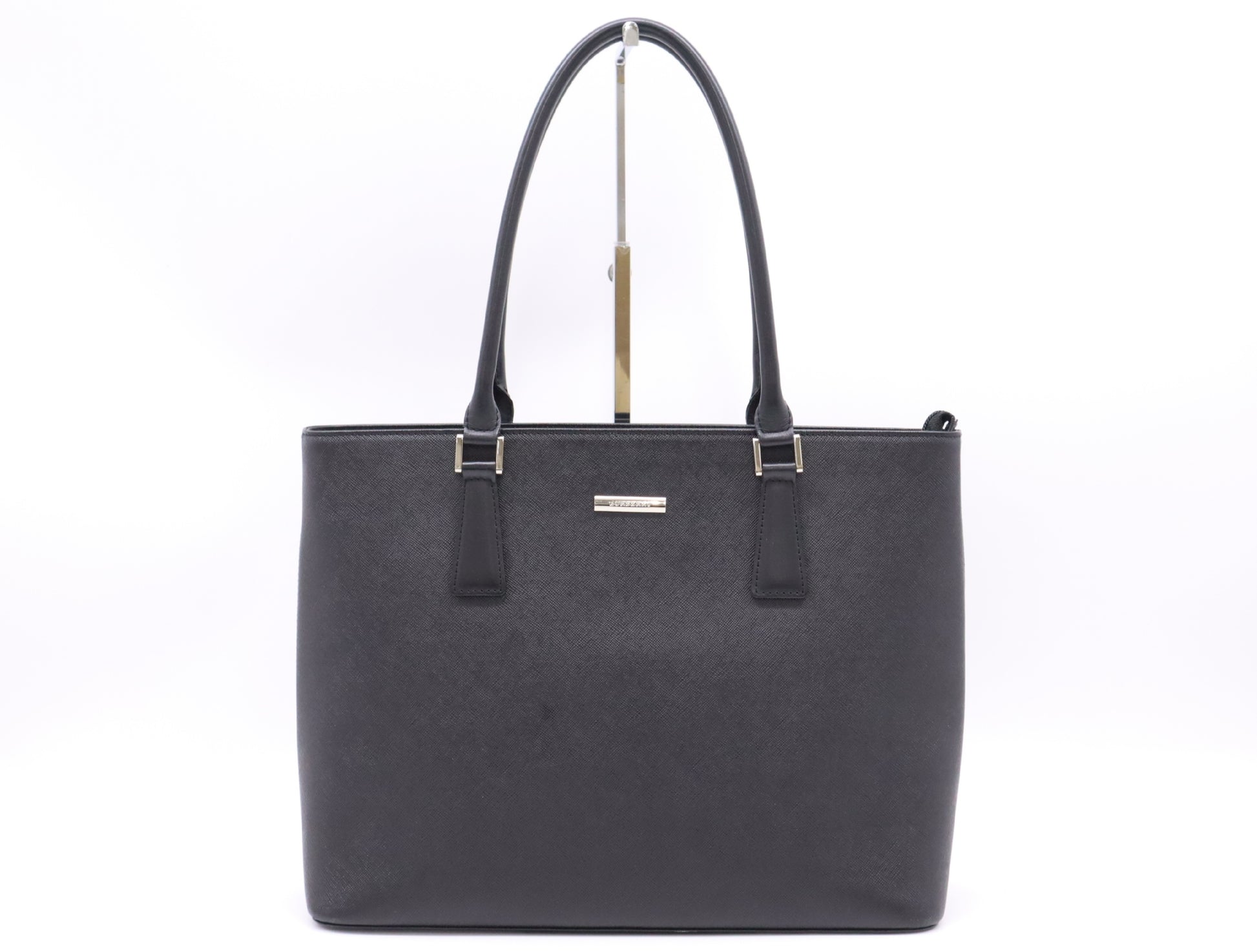 BURBERRY Saffiano Leather Tote Bag Black Nova Check SV Hardware Tote Bag