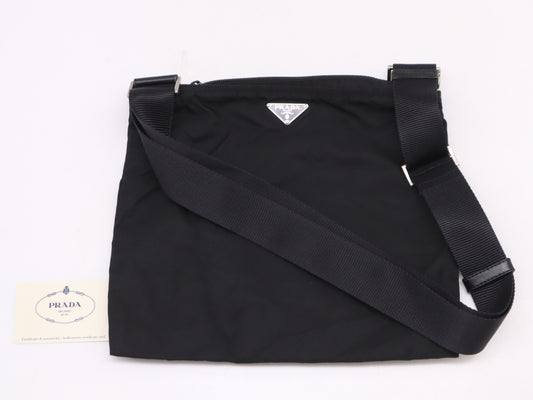 PRADA Nylon Triangle Logo Shoulder Bag in Black with Silver Hardware