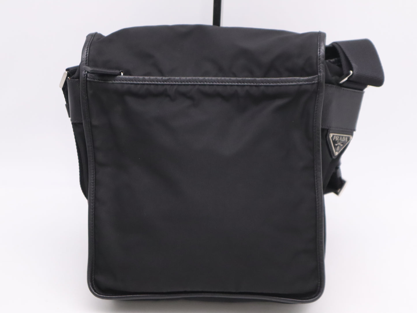 PRADA V167 Nylon x Leather Triangle Logo Messenger Bag Black Shoulder Bag