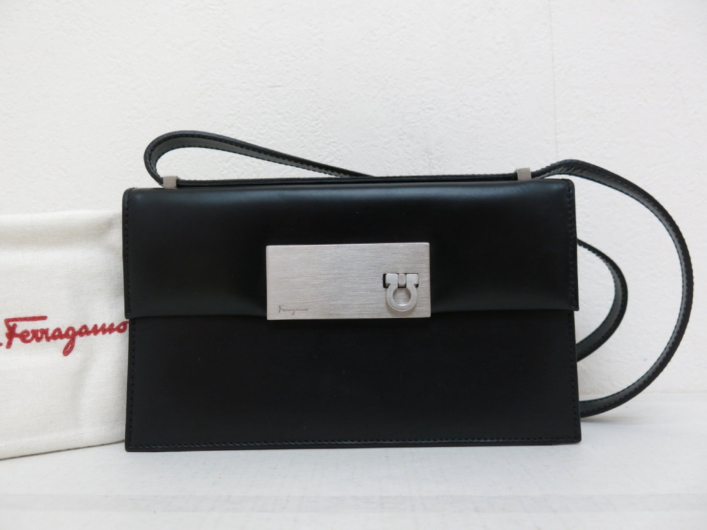 Salvatore Ferragamo Gancini Calfskin Shoulder Bag in Black