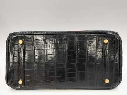 HERMES Birkin 30 Black Gold Hardware Croco Matte G-Engraved Handbag