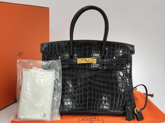 HERMES Birkin 30 Black Gold Hardware Croco Matte G-Engraved Handbag