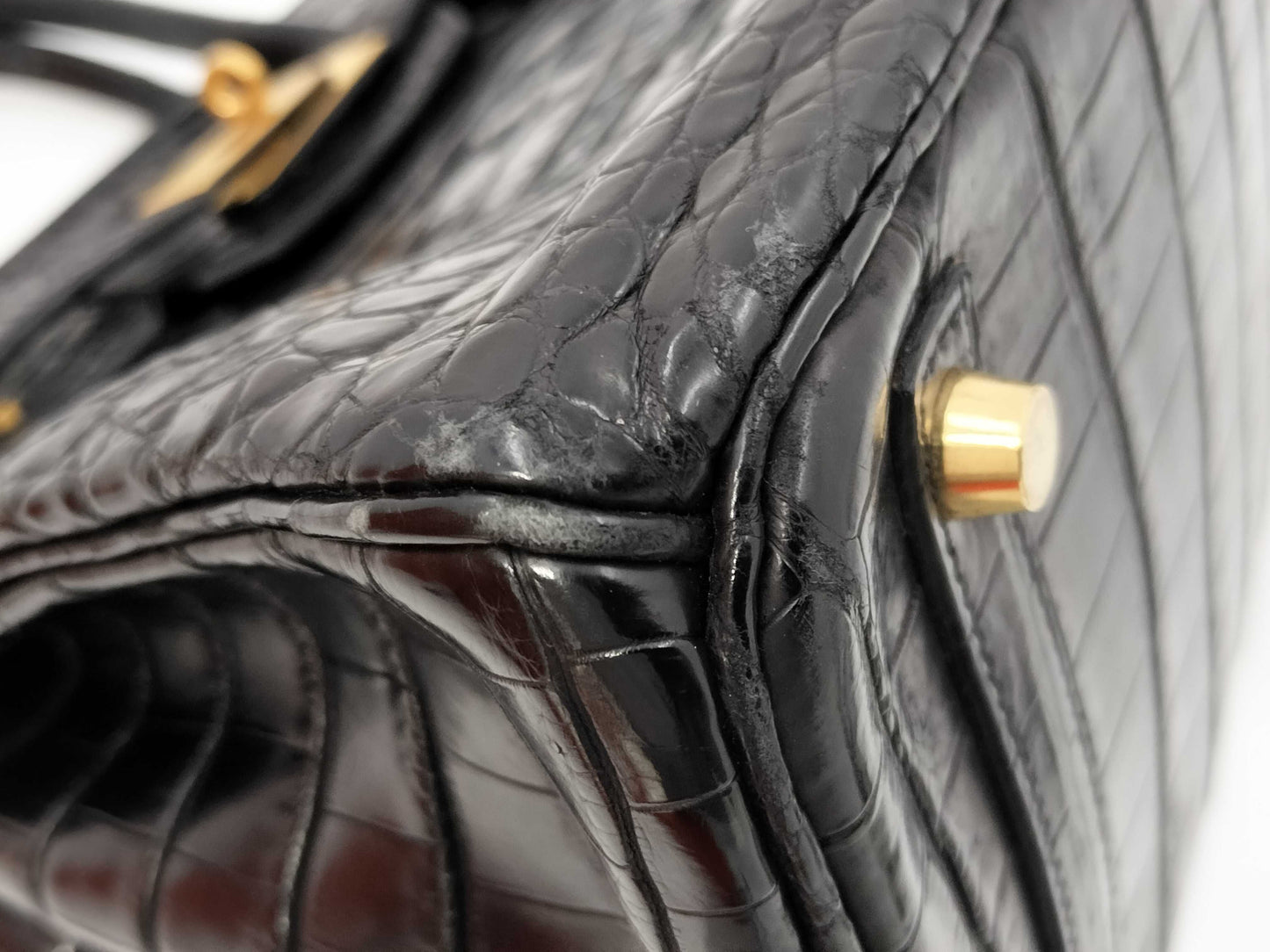 HERMES Birkin 30 Black Gold Hardware Croco Matte G-Engraved Handbag