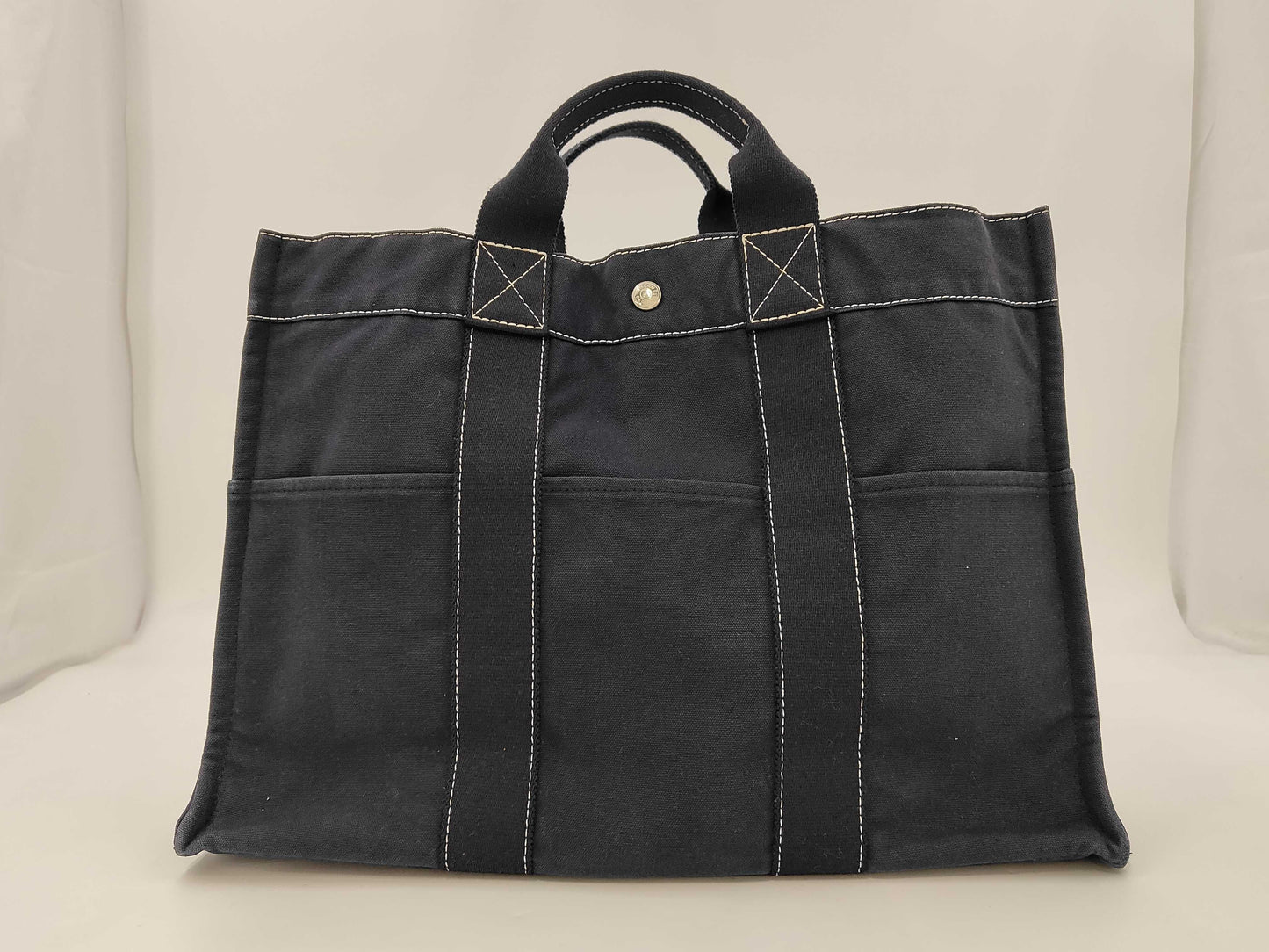 HERMES Deauville MM Canvas Handbag Silver Hardware Navy Tote Bag
