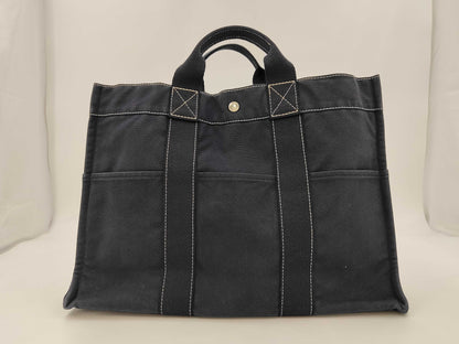 HERMES Deauville MM Canvas Handbag Silver Hardware Navy Tote Bag