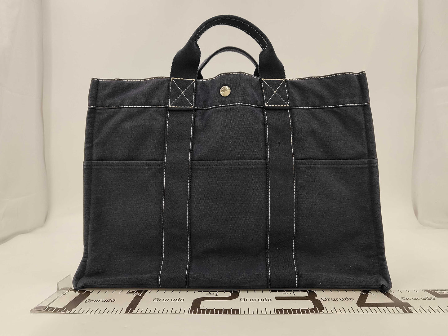 HERMES Deauville MM Canvas Handbag Silver Hardware Navy Tote Bag