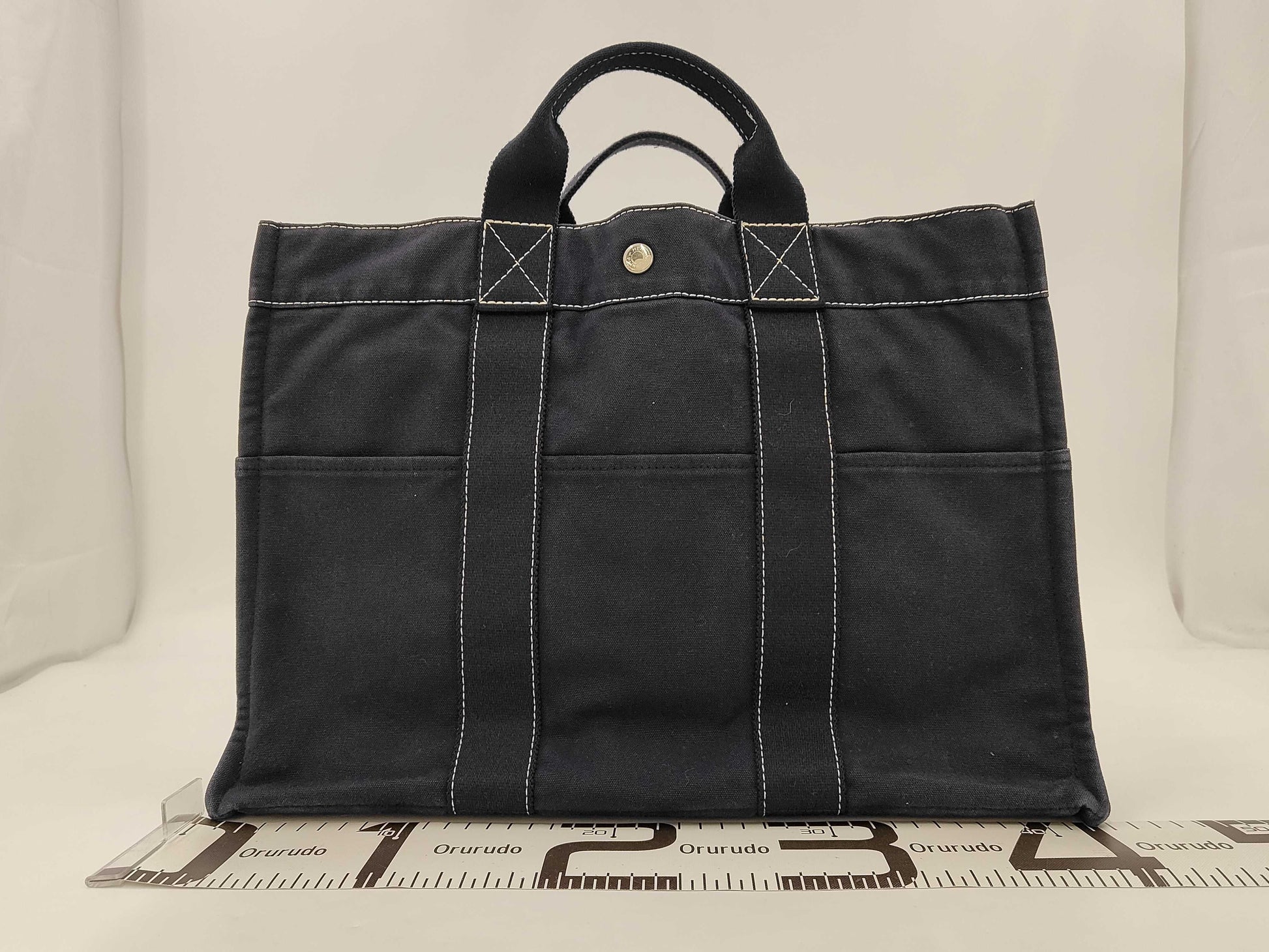 HERMES Deauville MM Canvas Handbag Silver Hardware Navy Tote Bag