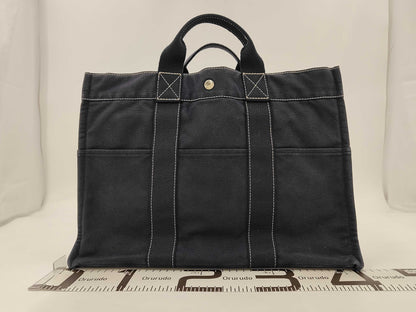 HERMES Deauville MM Canvas Handbag Silver Hardware Navy Tote Bag