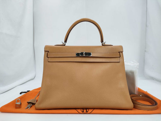 HERMES Kelly 35 Inseam Ardennes Natural Silver Hardware □J Tote Bag