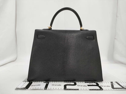 HERMES Kelly 35 Serie Chevre Black Gold Fittings □E Tote Bag