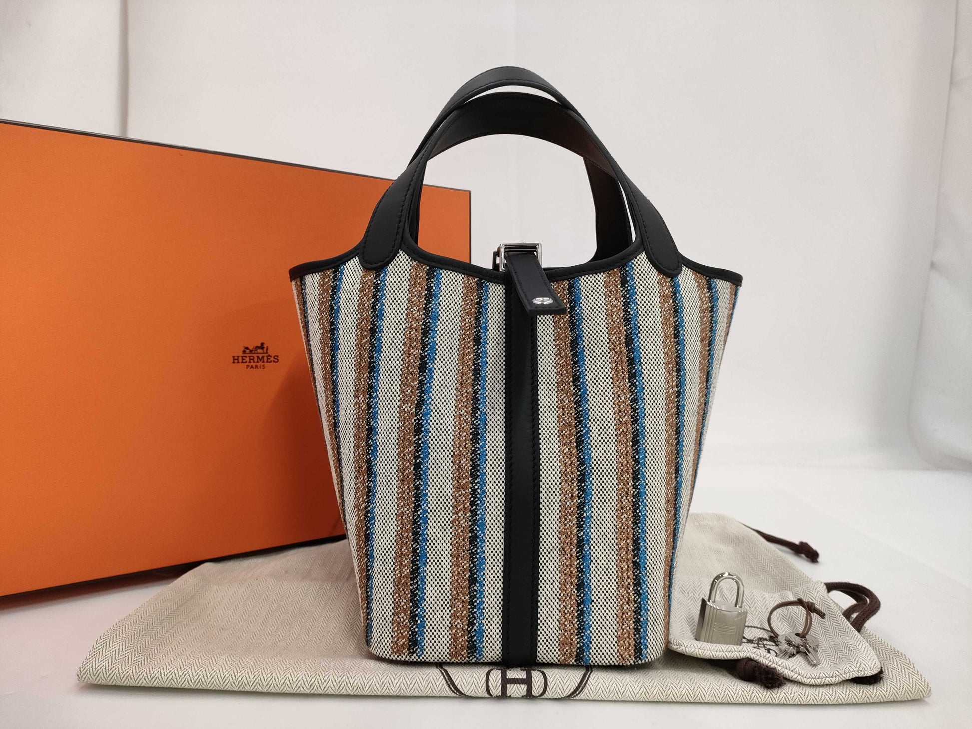 HERMES Picotan Rock PM Toile Ash x Swift Multicolor Black x Ecru x Fauve x Blue Zanzibar K Engraved Handbag