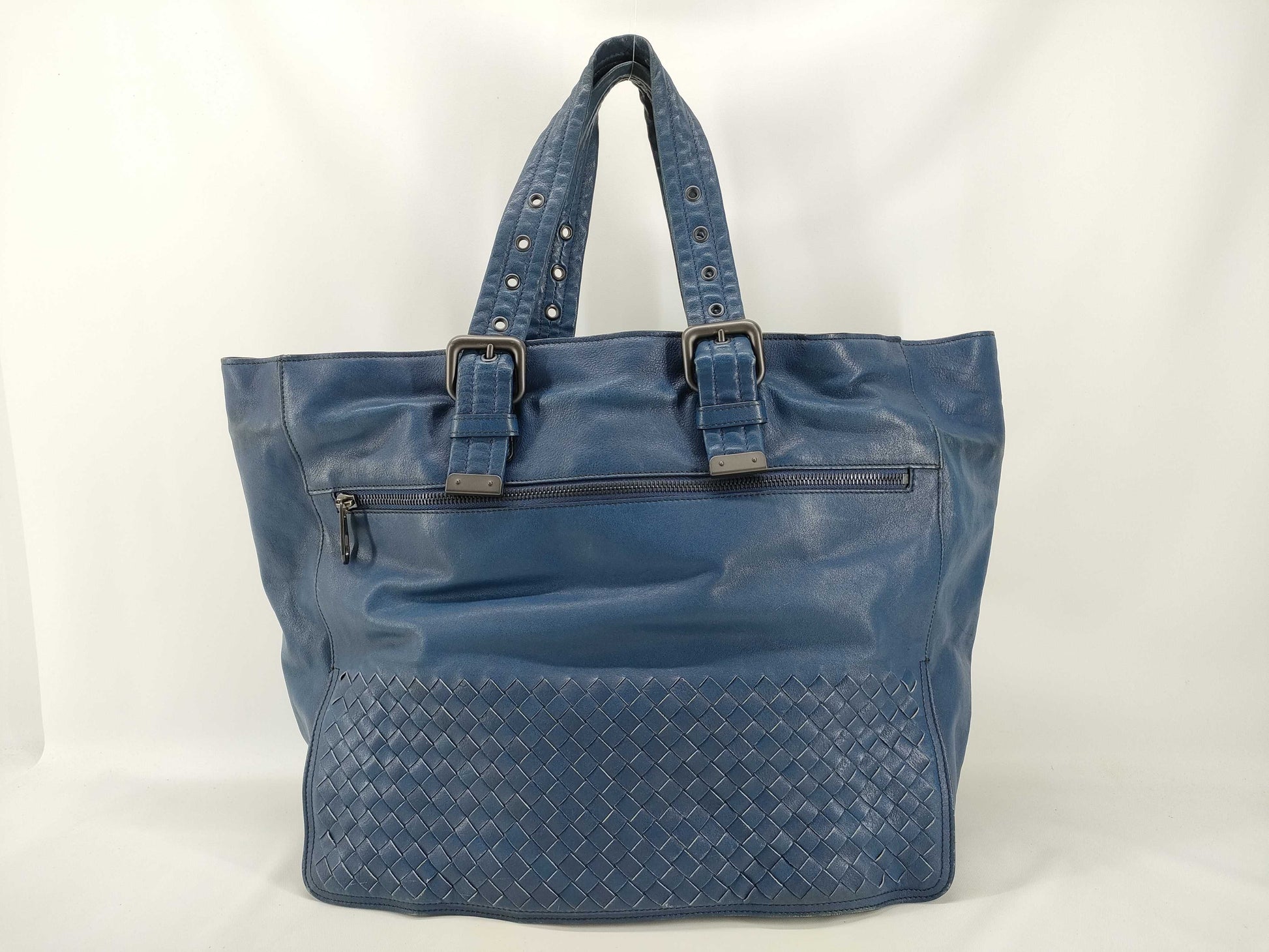 BOTTEGA VENETA Intrecciato Tote Bag in Blue with Antique Silver Hardware