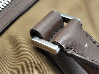 PRADA V19S Triangle Logo Boston Bag in Tessuto Nylon and Saffiano Leather, Brown, Factory Tag 44, Zippered, with Factory Tag #44.