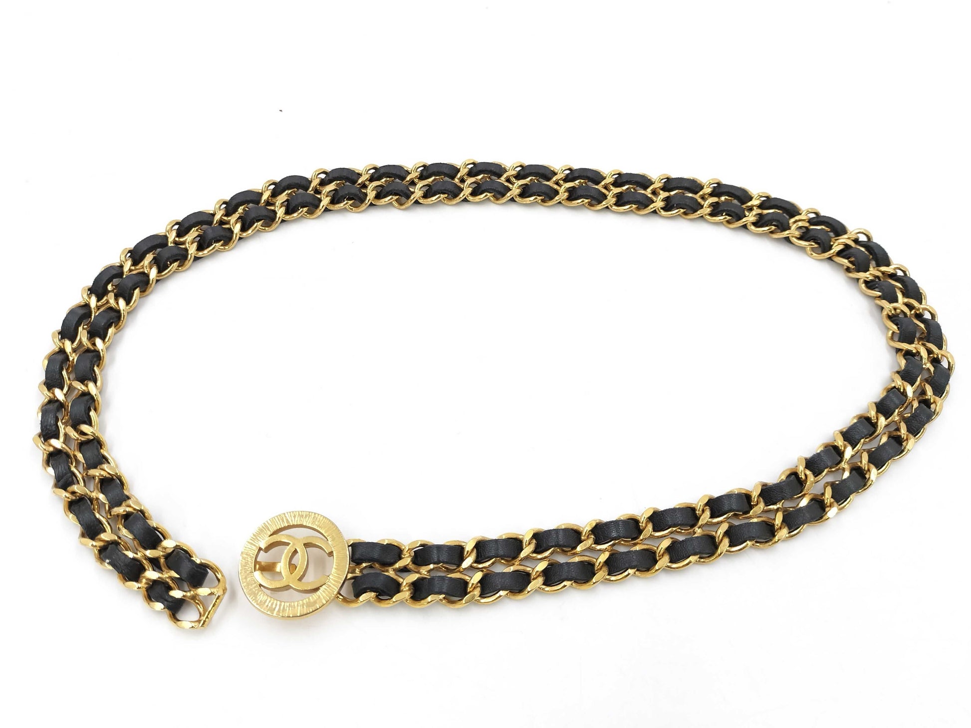 CHANEL Accessories Chanel Coco Mark Vintage Lambskin Leather Gold Chain Belt