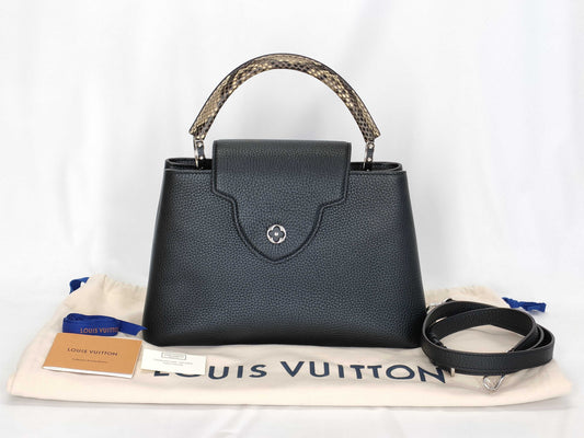 LOUIS VUITTON Capucines MM Black Python Leather Handbag with Silver Hardware N92800 MI3188
