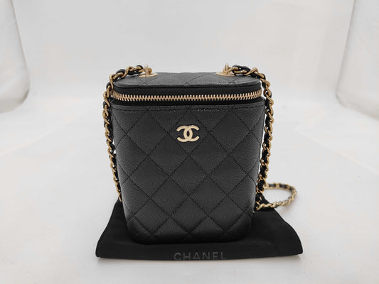 CHANEL Black Caviar Leather Vanity Bag with GP Hardware and Matelasse Chain AP2195