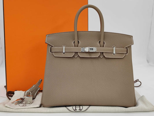 HERMES HERMES Birkin 25 Togo/Etoupe/K Stamp/Silver Handbag