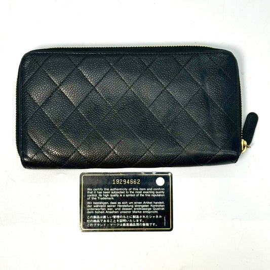 CHANEL Matelasse Caviar Leather Round Zip Long Wallet, Black, 19294662, with Guarantee Card