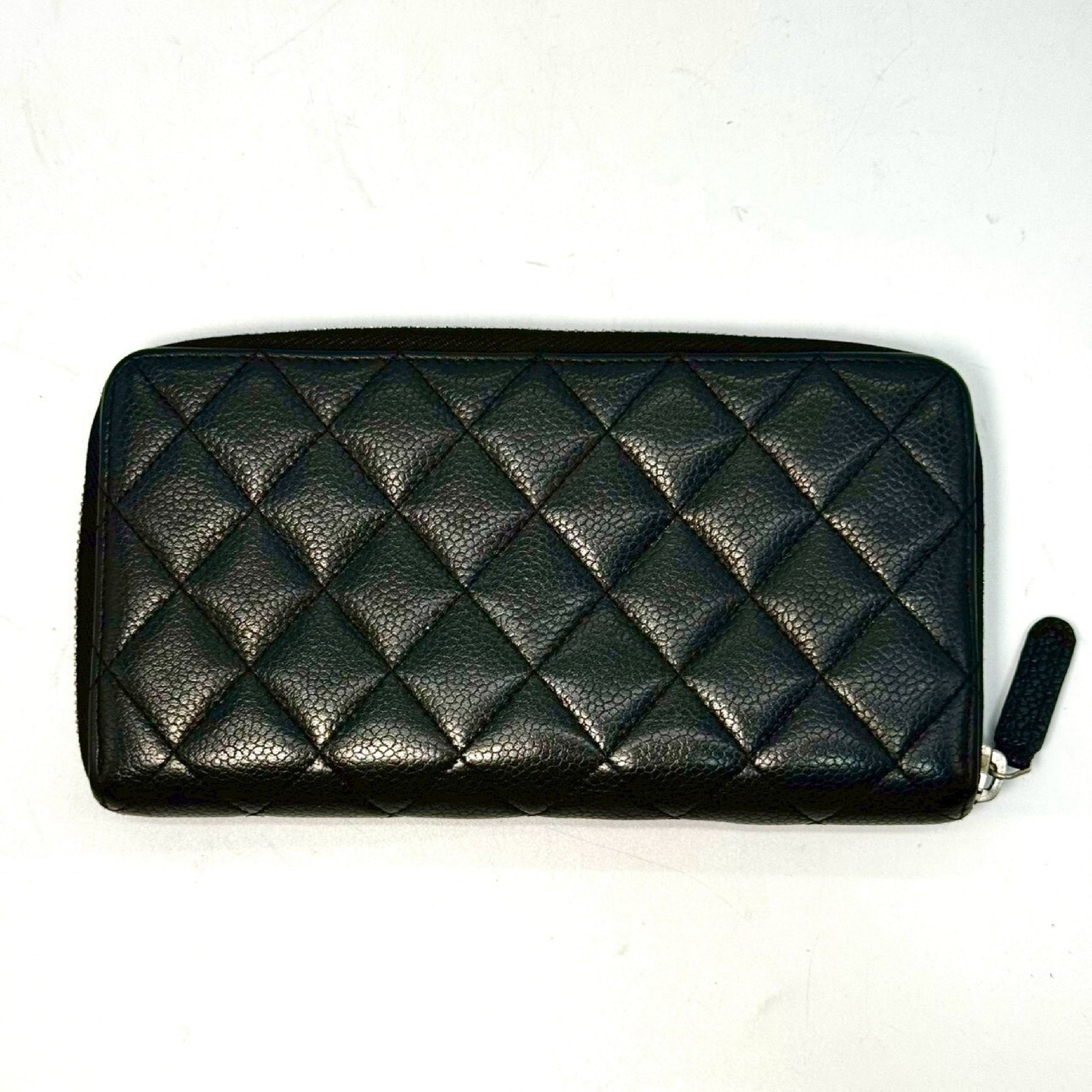 CHANEL Matelasse Caviar Leather Round Zip Long Wallet, Black, 16777969
