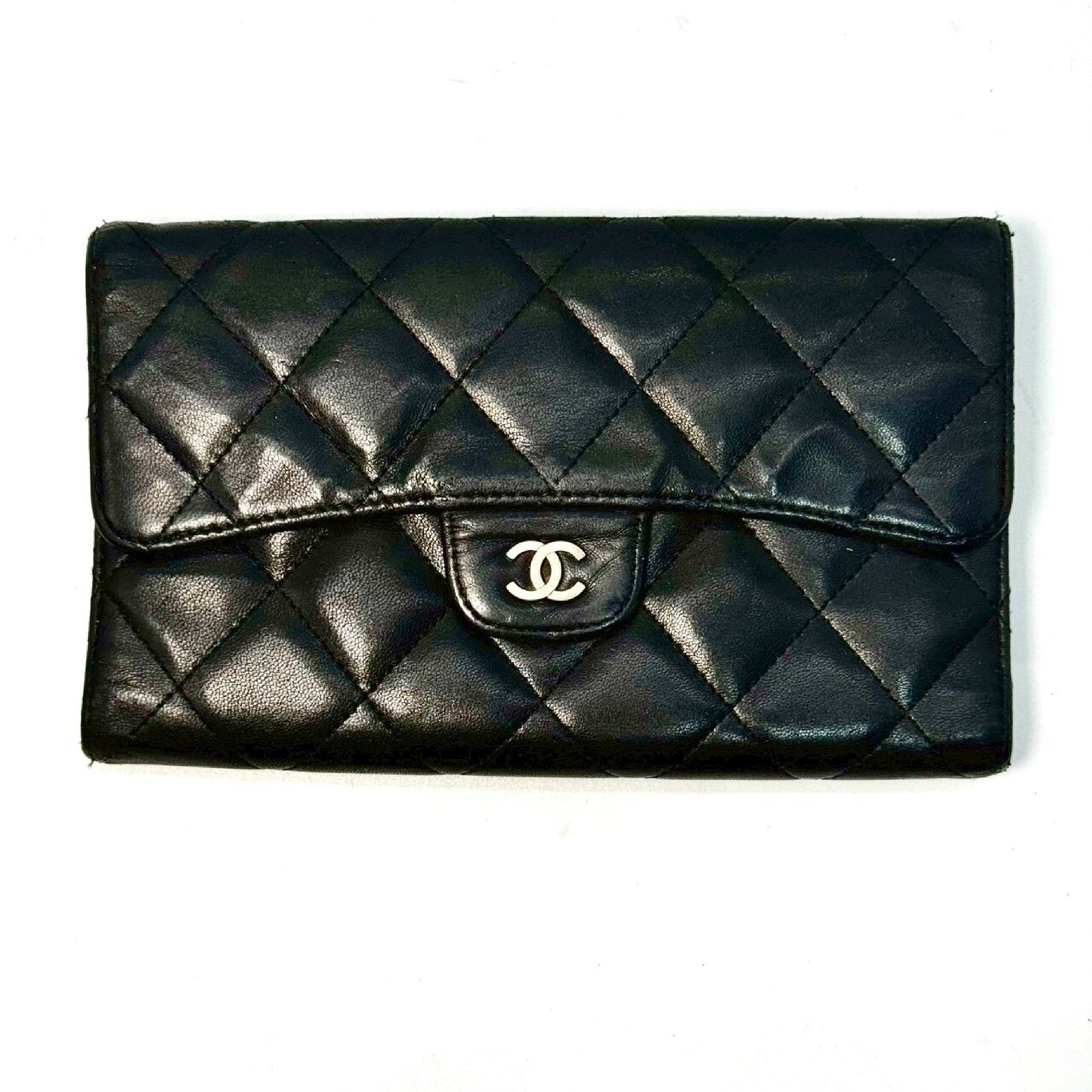 CHANEL Matelasse Timeless Classic Lambskin Tri-fold Long Wallet, Black, 11053742