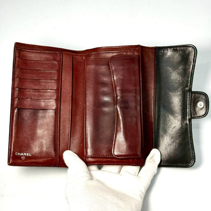 CHANEL Matelasse Timeless Classic Lambskin Tri-fold Long Wallet, Black, 11053742