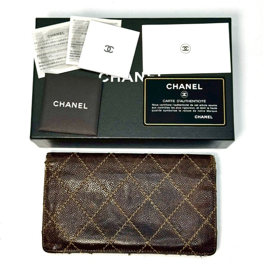 CHANEL Matelasse Caviar Leather Wild Stitch Bifold Long Wallet, Brown, 10859974