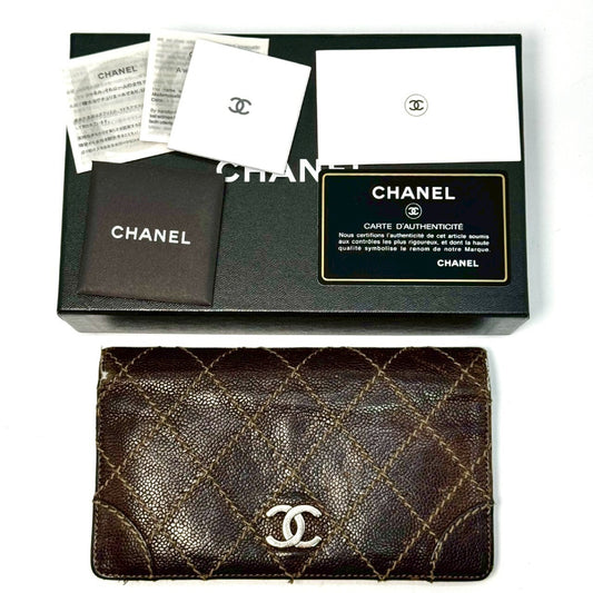 CHANEL Matelasse Caviar Leather Wild Stitch Bifold Long Wallet, Brown, 10859974