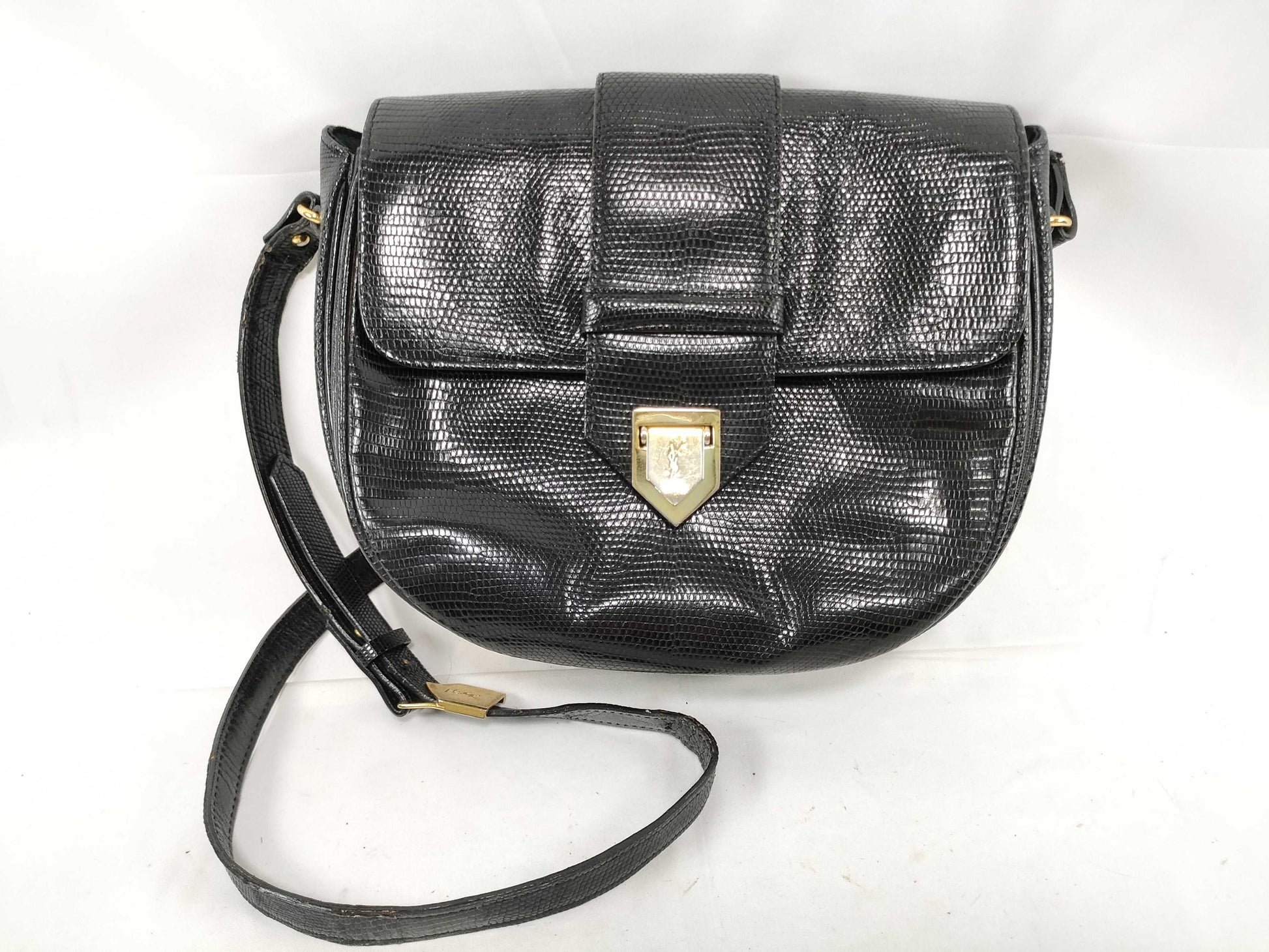 Yves Saint Laurent Cassandra Lizard Leather Shoulder Bag in Black