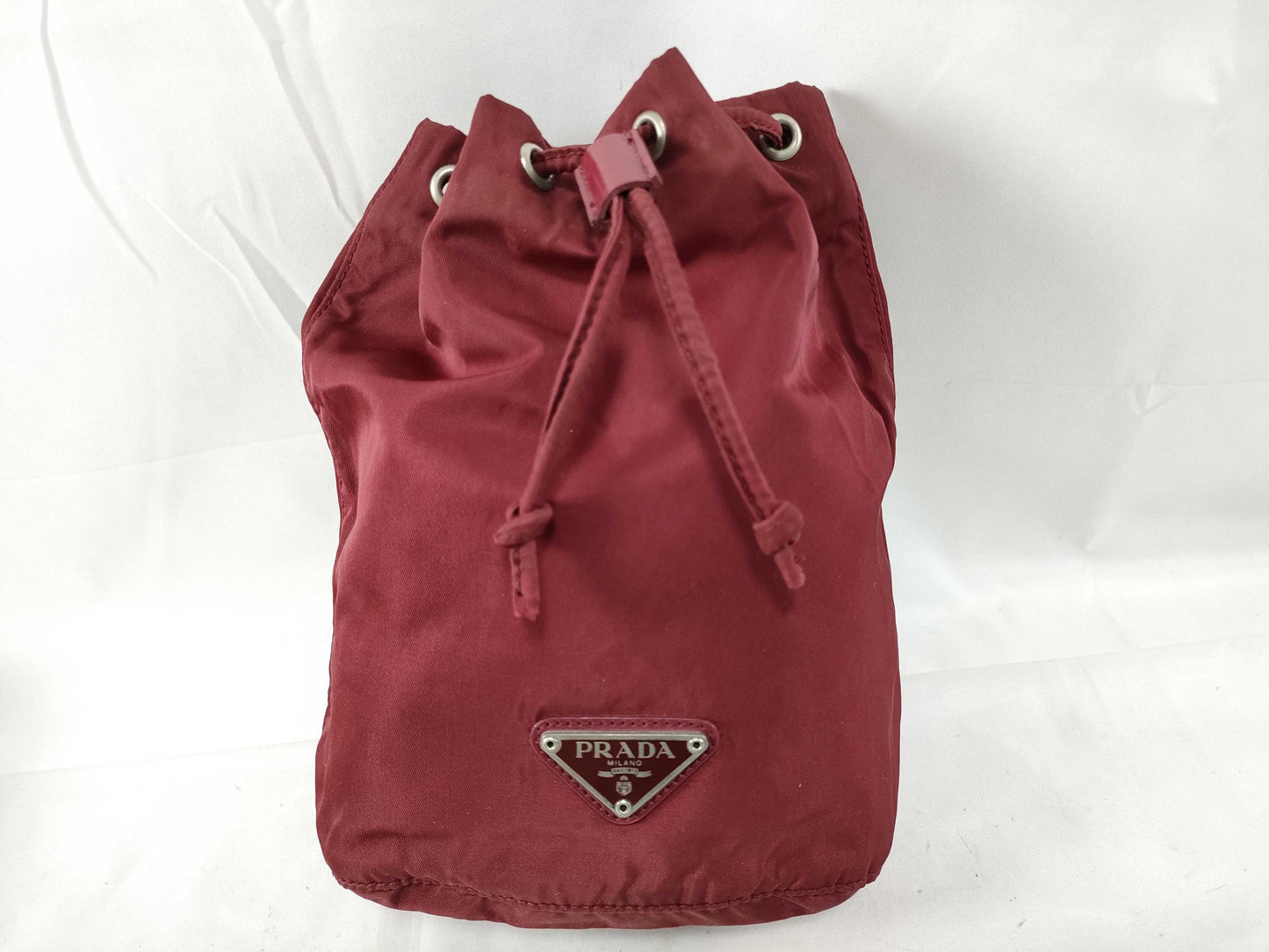 PRADA PRADA Prada Drawstring Pouch with Triangular Logo Plate, Red